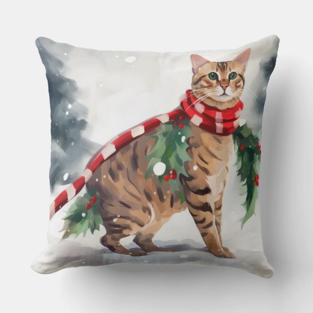Bengalische Katze zu Schnee Weihnachten Kissen (Vorderseite)