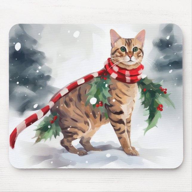 Bengalische Katze zu Schnee Weihnachten Mousepad (Vorne)