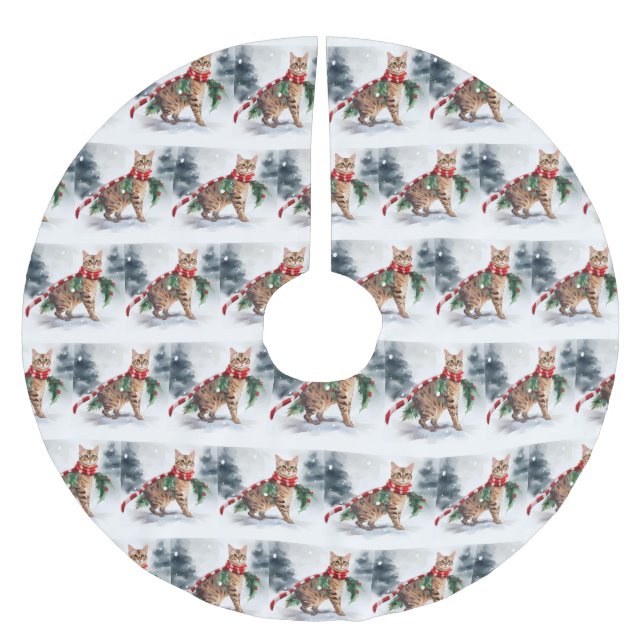 Bengalische Katze zu Schnee Weihnachten Polyester Weihnachtsbaumdecke (Vorderseite)