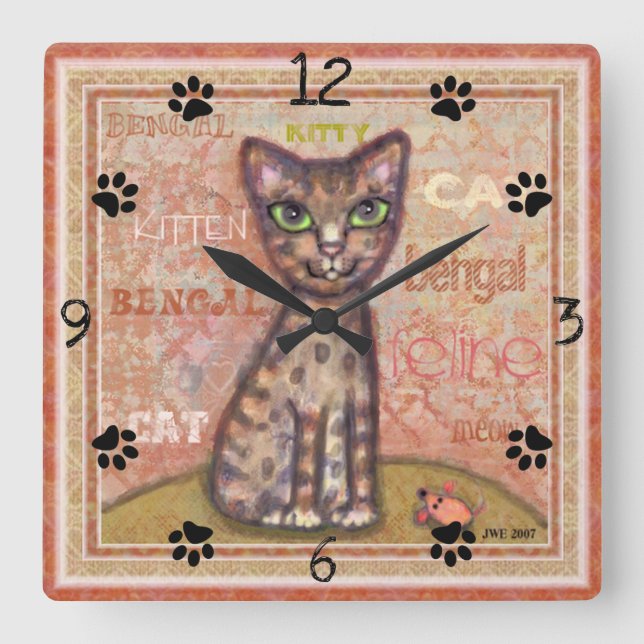 Bengalische Katzen-Liebhaber-Quadrat-Wand-Uhr Quadratische Wanduhr (Vorderseite)