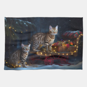 Bengalisches Cat Snowy Sleigh Ride Weihnachtsdekor Geschirrtuch