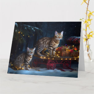 Bengalisches Cat Snowy Sleigh Ride Weihnachtsdekor Karte