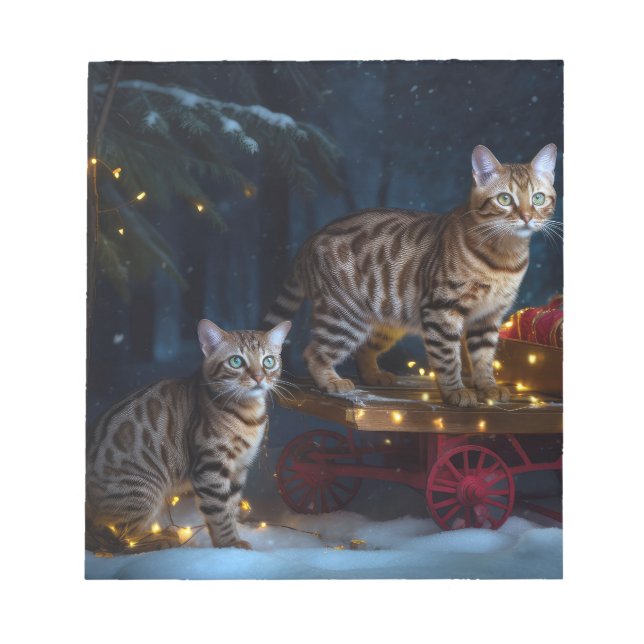 Bengalisches Cat Snowy Sleigh Ride Weihnachtsdekor Notizblock (Vorderseite)