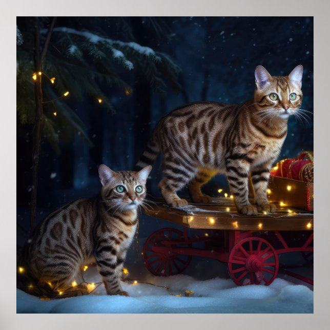 Bengalisches Cat Snowy Sleigh Ride Weihnachtsdekor Poster (Vorne)