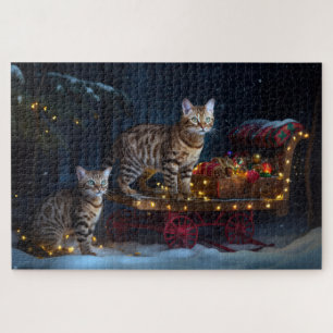 Bengalisches Cat Snowy Sleigh Ride Weihnachtsdekor Puzzle