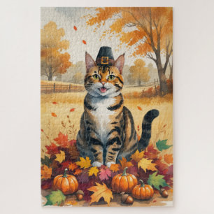 Bengalkatze in Herbstblättern Thanksgiving Kunst Puzzle