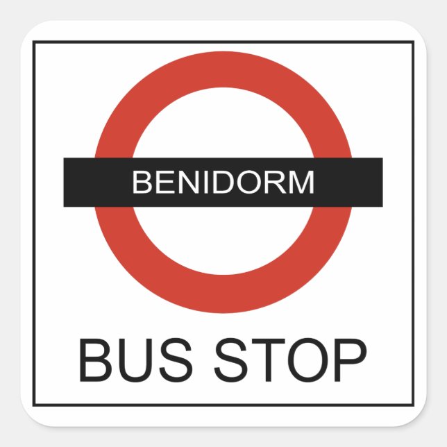 Benidorm Bus Stopp Quadratischer Aufkleber (Vorderseite)