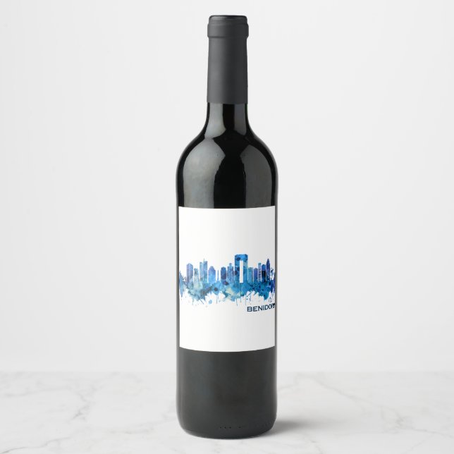 Benidorm Spain Skyline Blue Weinetikett (Vorderseite)