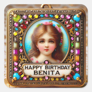 BENITA ~ HAPPY BIRTHDAY ~ Vintages Mädchen ~ Quadratischer Aufkleber
