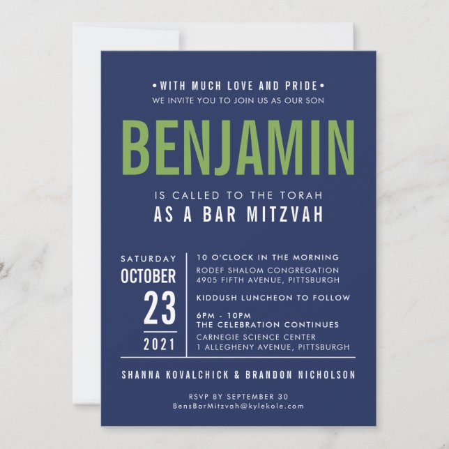 BENJAMIN BAR MITZVAH marineblaue grüne Einladung (Vorderseite)