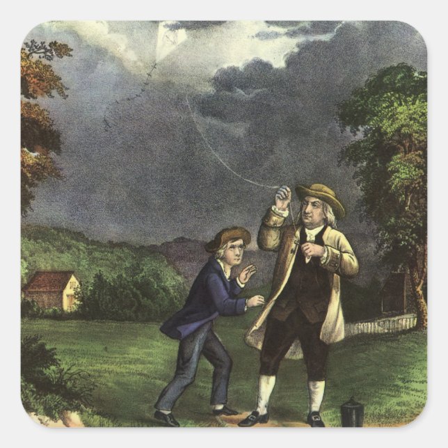 Benjamin Franklins Blitzexperiment mit dem Drachen Quadratischer Aufkleber (Vorderseite)
