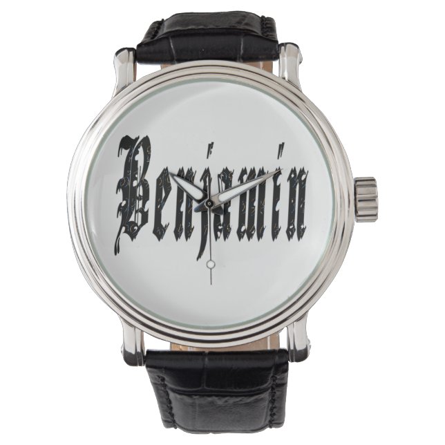Benjamin, Name, Logo, Big Black Leather Watch Armbanduhr (Vorderseite)