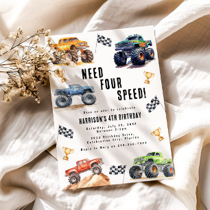Benötige Four Speed Monster Trucks 4. Geburtstagsf Einladung