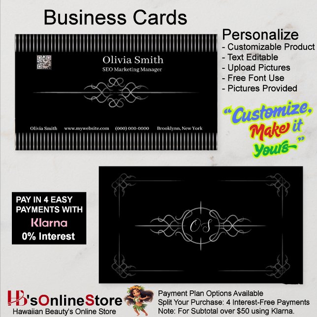 Benutzerdefinierbares bearbeitbares EleganBlack 2 Visitenkarte (Customizable Editable Elegant Black Business Card 2.)