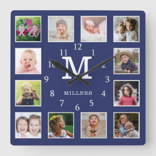 Benutzerdefiniert 12 Collage Family Name Monogram  Quadratische Wanduhr
