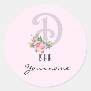 Benutzerdefiniert D Name Floral Blume Rosa Letter  Runder Aufkleber