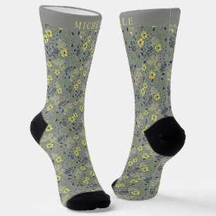 Benutzerdefiniert Grau Grün Floral Gelbe Blumen Socken