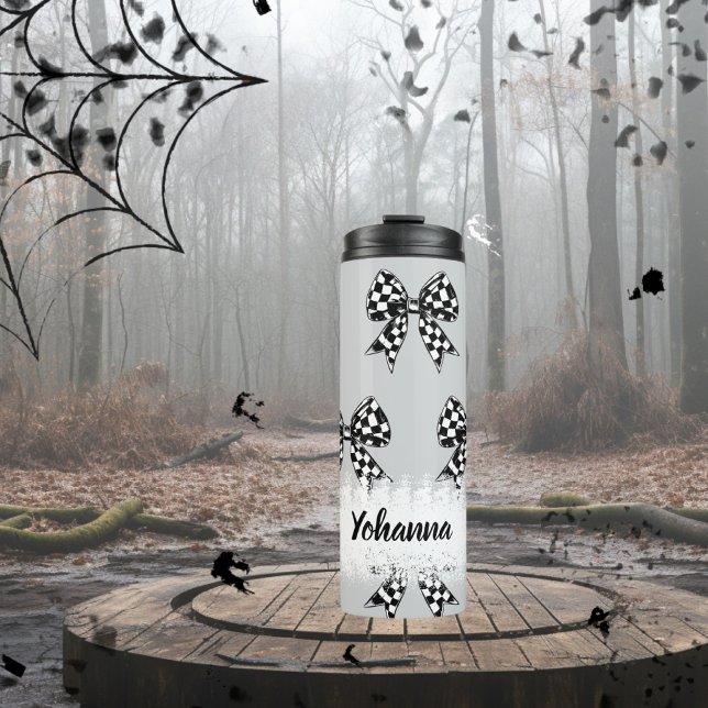 Benutzerdefiniert Halloween-graue Bows Coquette Thermosbecher (Custom Halloween grey checked bows Coquette Thermal Tumbler)
