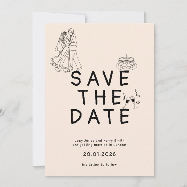 Benutzerdefiniert mit Bride and Groom Illustration Save The Date (Vorderseite)