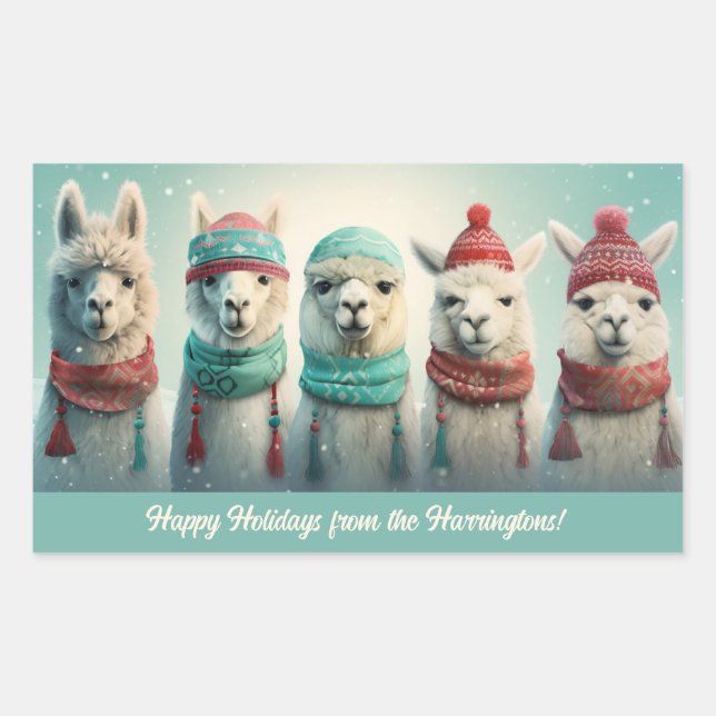 Benutzerdefiniert Text Winter Llamas Rechteckiger Aufkleber (Vorderseite)