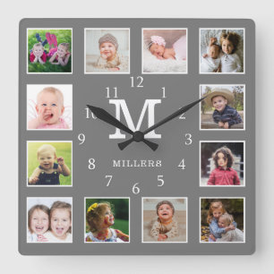 Benutzerdefinierte 12-Foto-Collage Familienname Mo Quadratische Wanduhr
