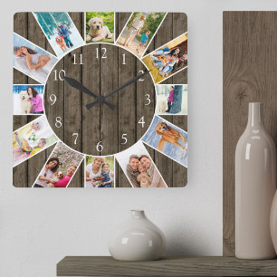 Benutzerdefinierte 12-Foto-Collage Rustikales dunk Quadratische Wanduhr