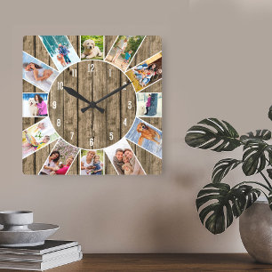 Benutzerdefinierte 12-Foto-Collage rustikales Natu Quadratische Wanduhr