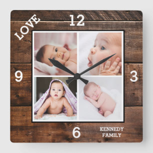 Benutzerdefinierte 4-Foto-Collage Familienname Lie Quadratische Wanduhr