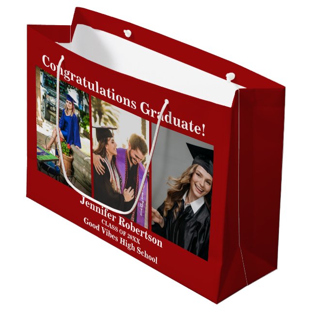 Benutzerdefinierte Abschlussklasse von 3 Foto-Coll Große Geschenktüte (Vorderseite Schrägansicht)