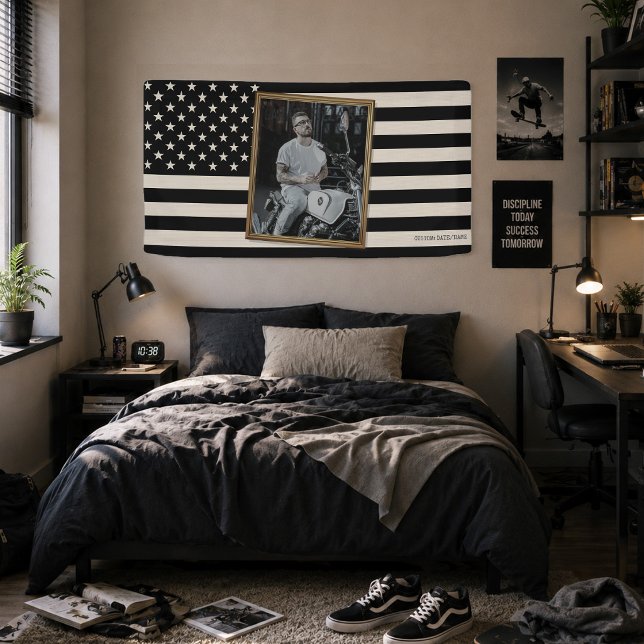 Benutzerdefinierte amerikanische Flagge mit Ihrem  Banner (Custom American Flag with Your Photo, USA Black Flag Dorm Decor Banner)