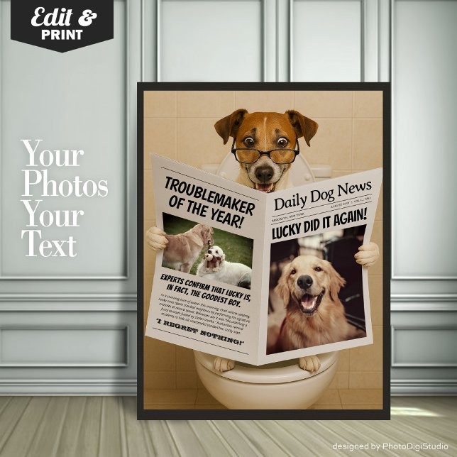 Benutzerdefinierte Badezimmer-Dekoration, bearbeit Poster (Custom Bathroom Decor, Editable Dog with Newspaper Poster)