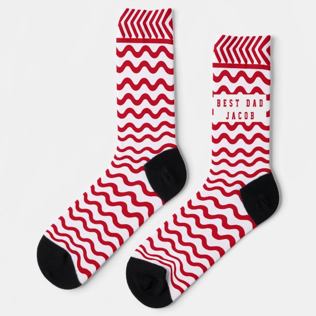 Benutzerdefinierte Best-Dad-Name-rote-Wellenmuster Socken (Linkes Detail)