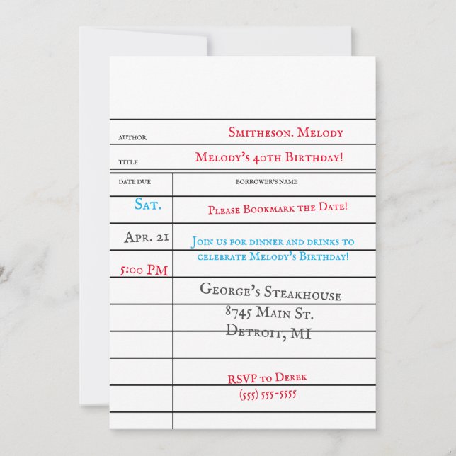 Benutzerdefinierte Bibliothek Checkout-Karte Gebur Einladung (Vorderseite)