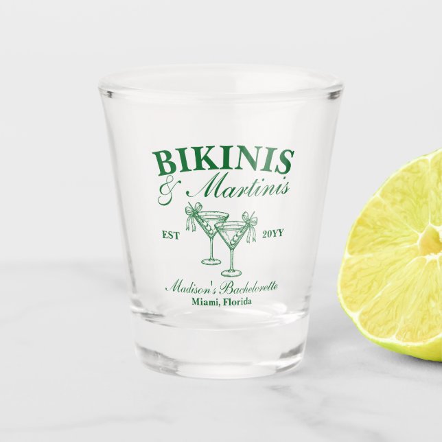 Benutzerdefinierte Bikinis und Martinis Junggesell Schnapsglas (Vorderseite)