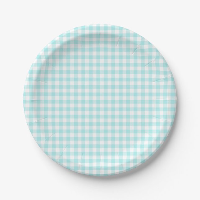 Benutzerdefinierte Blass Türkis Gingham Pappteller (Vorderseite)