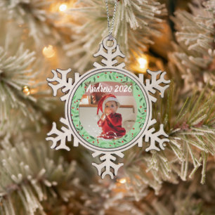 Benutzerdefinierte Blumen erste Weihnachten des Ba Schneeflocken Zinn-Ornament