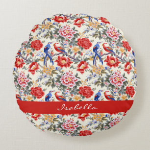 Benutzerdefinierte Chinoiserie Asiatische Blumen P Rundes Kissen