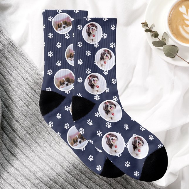 Benutzerdefinierte Dog Foto Blue Paw Print Socken (Custom Dog Photo Blue Paw Print Socks)