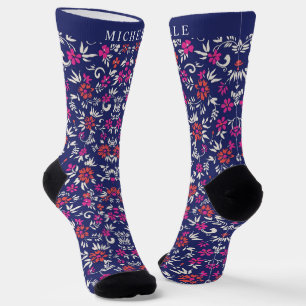 Benutzerdefinierte Dunkelblaue Florale Rosa Weiße Socken