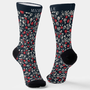 Benutzerdefinierte Dunkelblaue Florale Rote Graue Socken