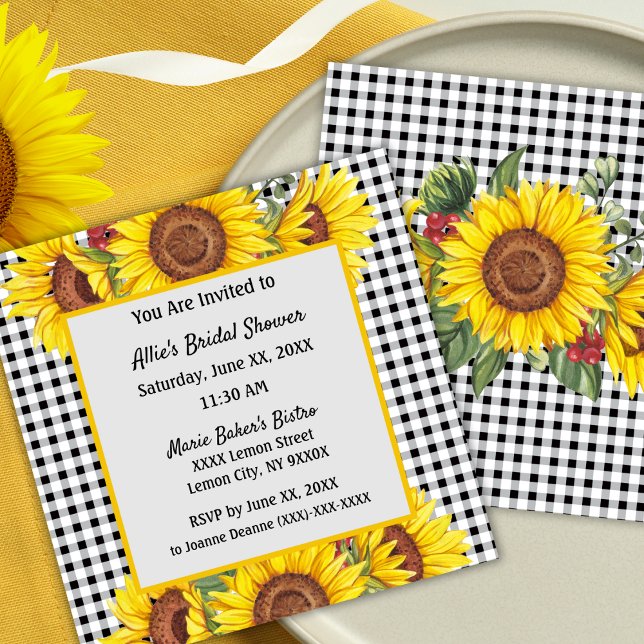 Benutzerdefinierte Einladung Gingham- & Sonnenblum (Bridal Shower invitation - Sunflowers and Gingham Rustic Country Style)