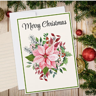 Benutzerdefinierte elegante rosa Poinsettie-Flachw Feiertagskarte
