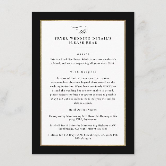 Benutzerdefinierte elegante Schwarz-Gold-Hochzeite Begleitkarte (Vorderseite)