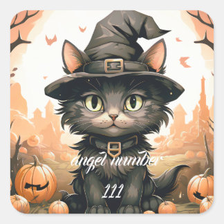 benutzerdefinierte Engelnummer Halloween Black Cat Quadratischer Aufkleber