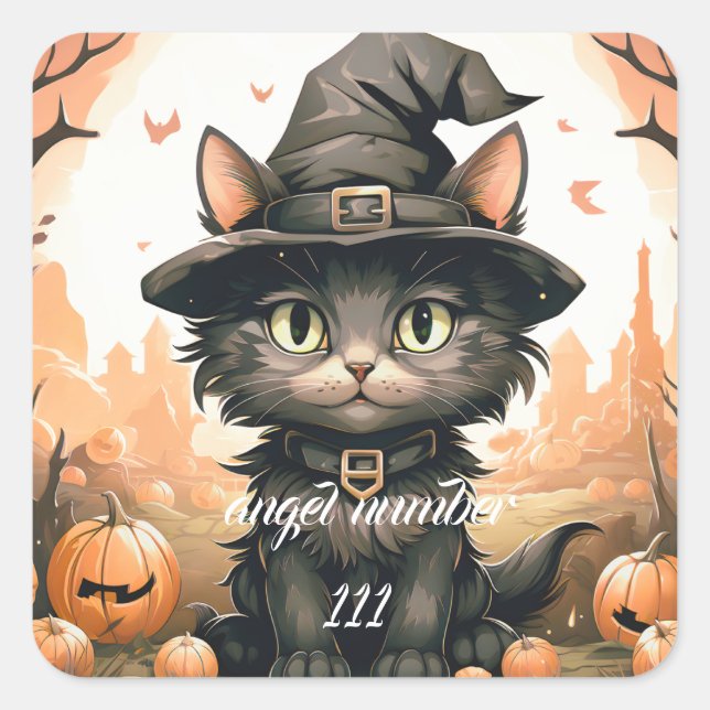 benutzerdefinierte Engelnummer Halloween Black Cat Quadratischer Aufkleber (Vorderseite)