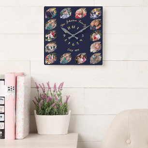 Benutzerdefinierte Familienfoto-Collage Marineblau Quadratische Wanduhr