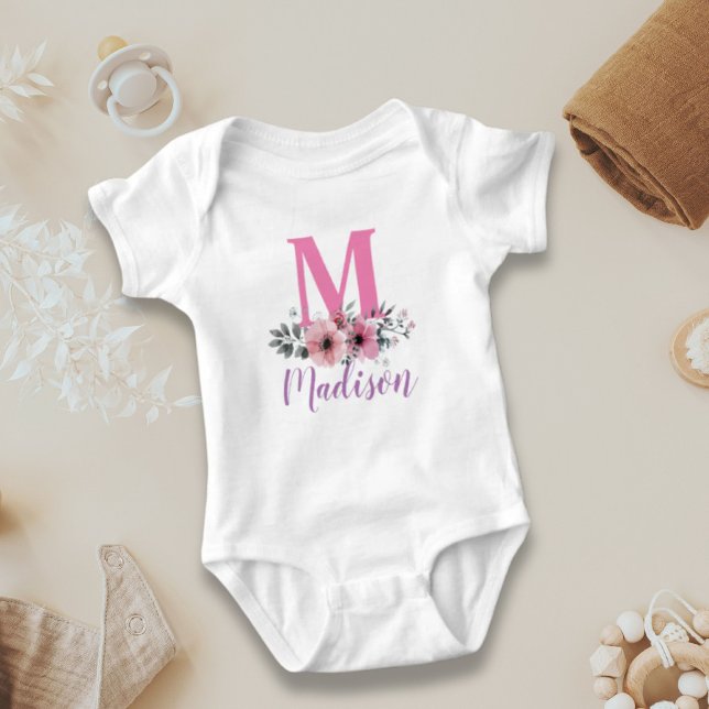 benutzerdefinierte Familienname Aquarellfarben-Blu Baby Strampler (custom family name watercolor flowers monogram baby bodysuit)
