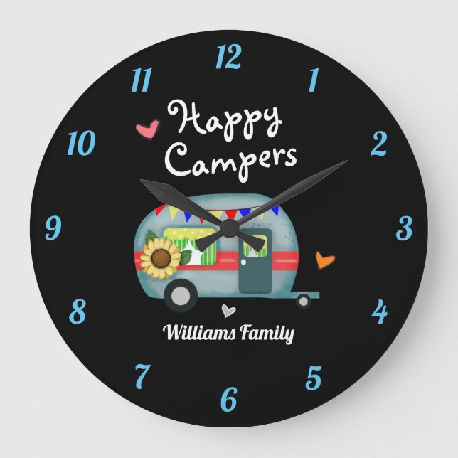 Benutzerdefinierte Familienname Happy Campers Große Wanduhr (Vorderseite)