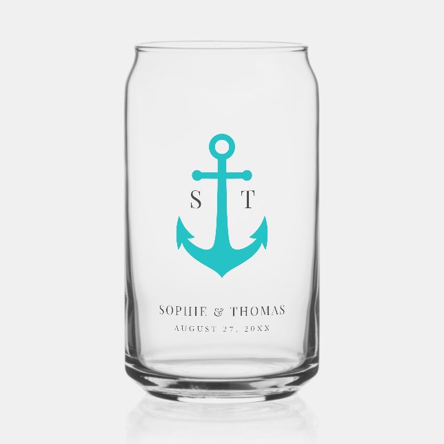 Benutzerdefinierte Farben Monogramm Anker Hochzeit Dosenglas (Vorderseite)
