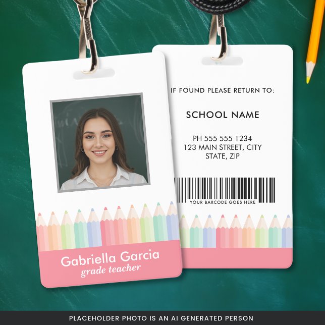 Benutzerdefinierte farbenfrohe rote Barcode-Lehrer Ausweis (Customize ID with your photo, name, title, barcode, and contact information.)